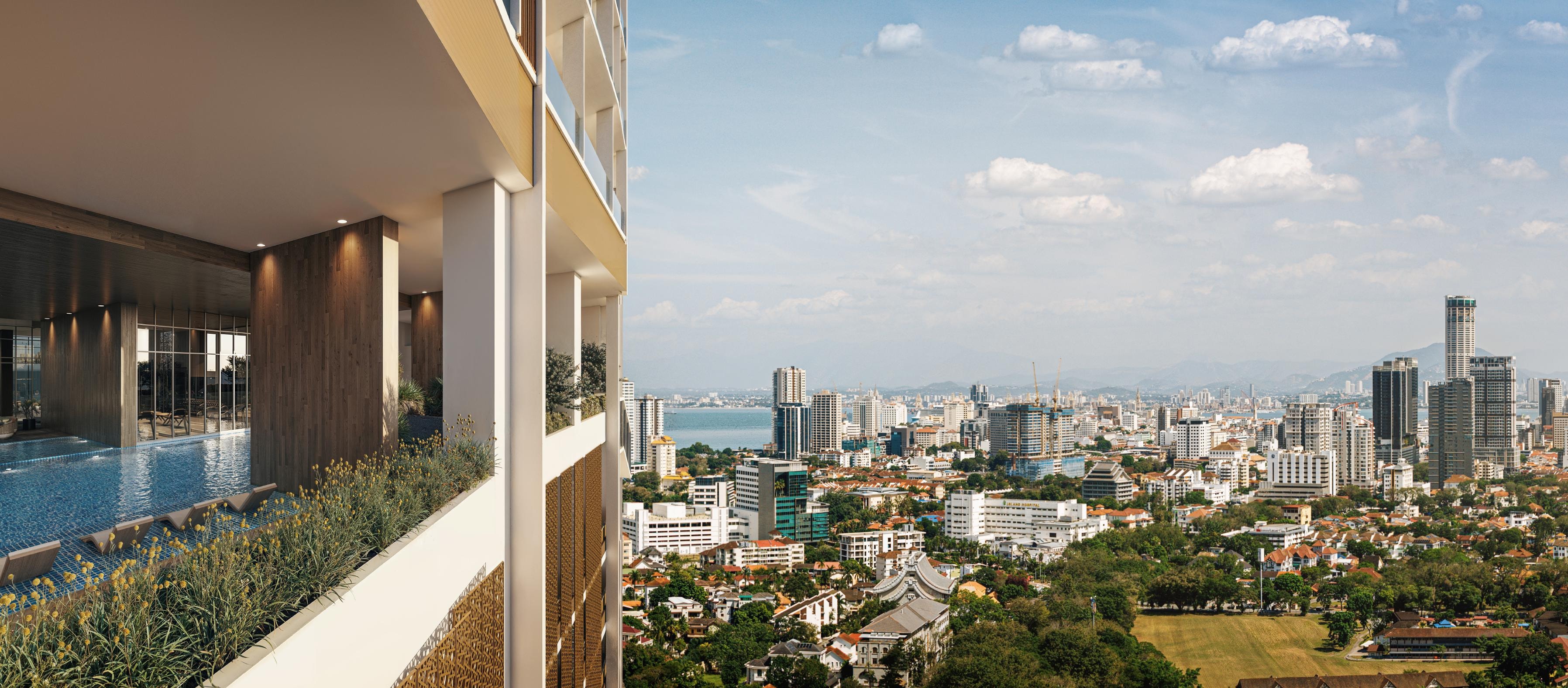 Artist’s impression of the Sky Oasis pool and landscaped terrace overlooking Penang