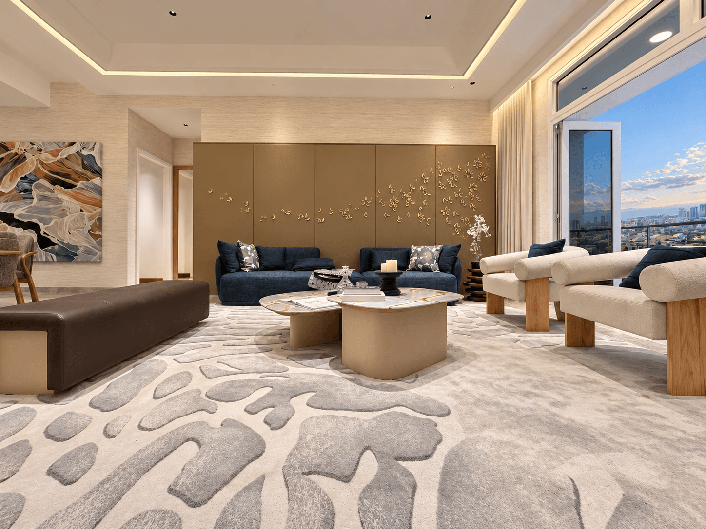 Navy sofas and ivory chairs around low coffee tables in an AI-enhanced showroom living room